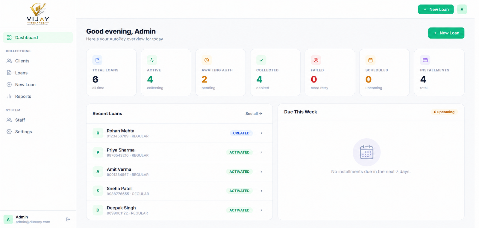 Vijay Finance AutoPay dashboard showing loan collection overview